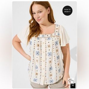 Square Neck Flutter Sleeve Cotton Embroidered Top